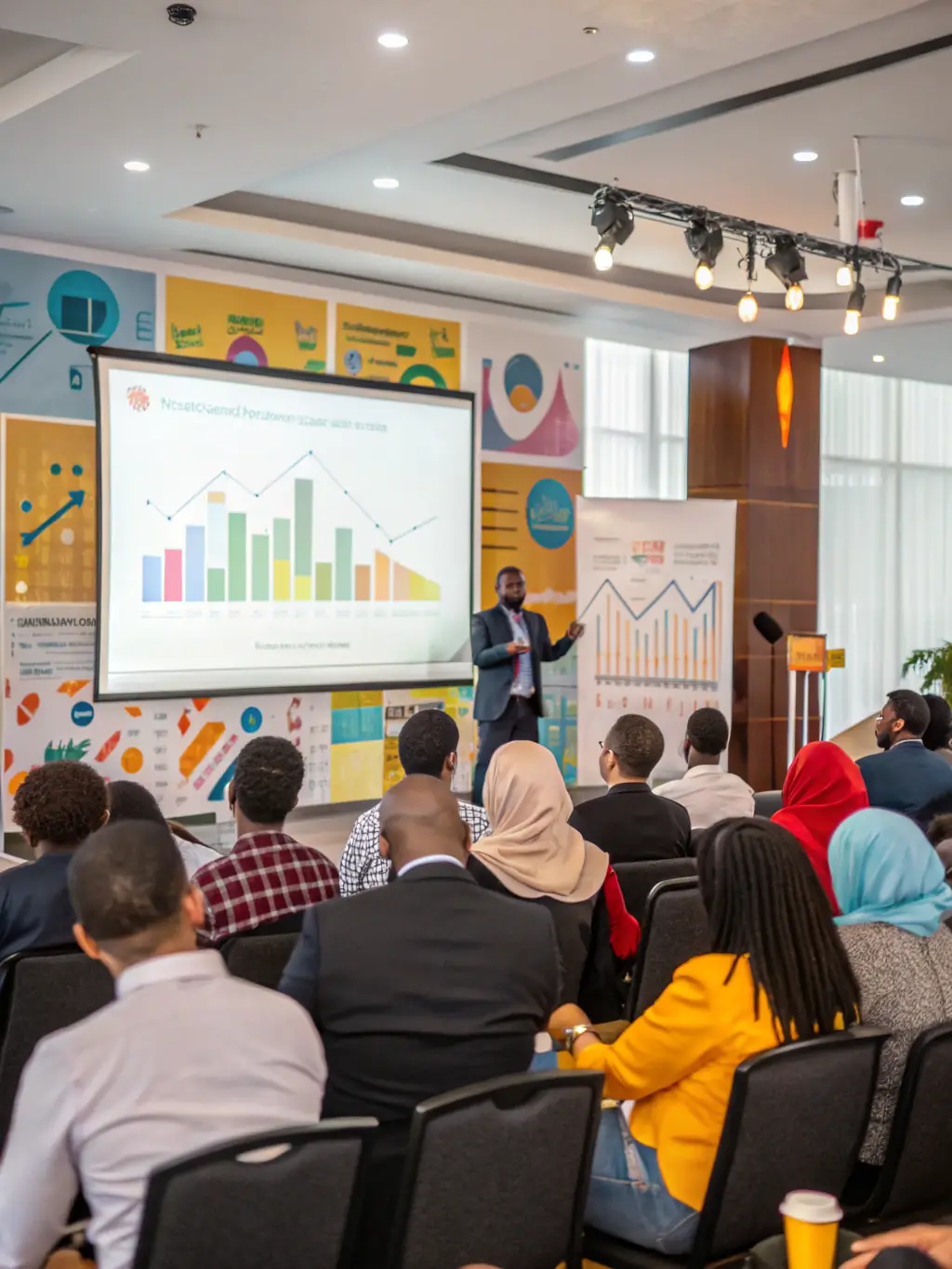 A diverse group of investors are attending a financial literacy workshop, actively participating in discussions and learning about smart investing techniques.