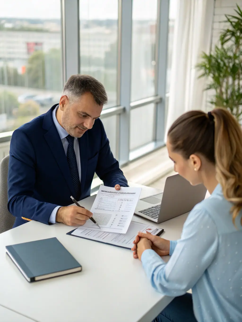 A professional advisor in a suit, sitting at a desk, reviewing financial documents with a client in a bright, modern office setting, conveying trust and expertise.